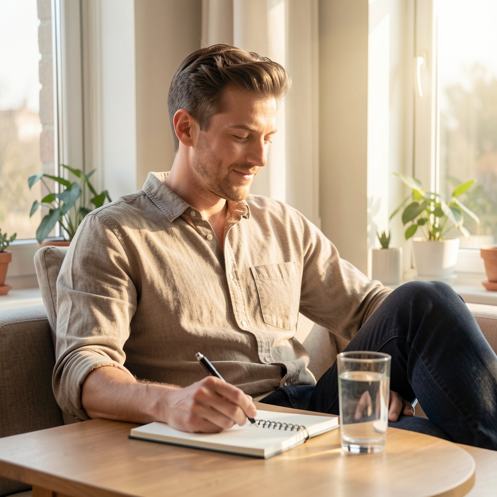 Man in relaxed morning setting with notebook, water glass, and natural window light — an everyday wellness scene