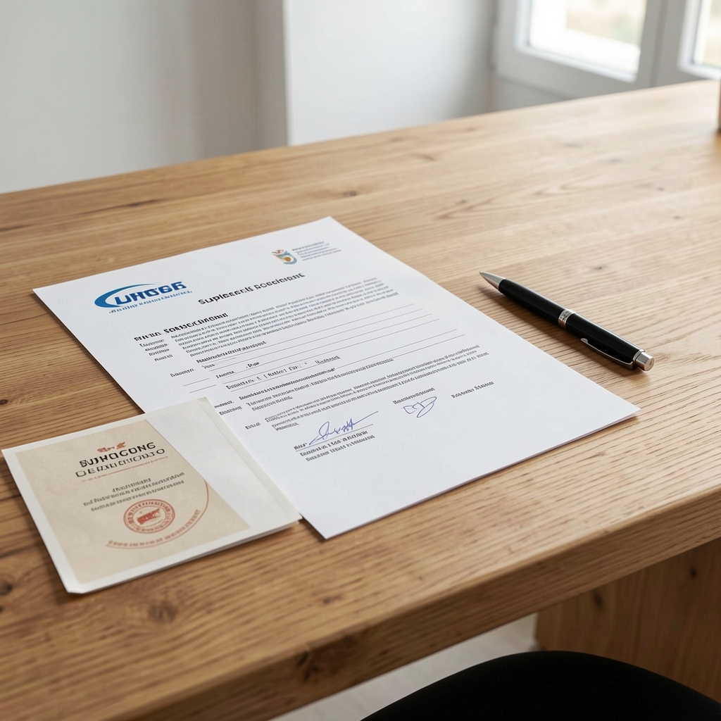 Sourcing documentation laid flat on a wooden table with supplier certificates and a pen for review in a clean workspace