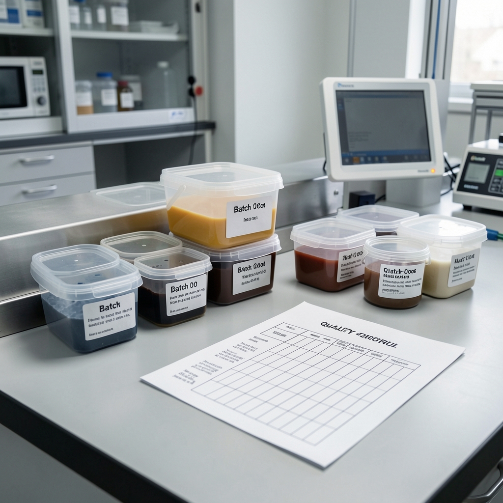 Quality-control bench with batch-coded containers and a checklist form under controlled lighting in a clean workspace