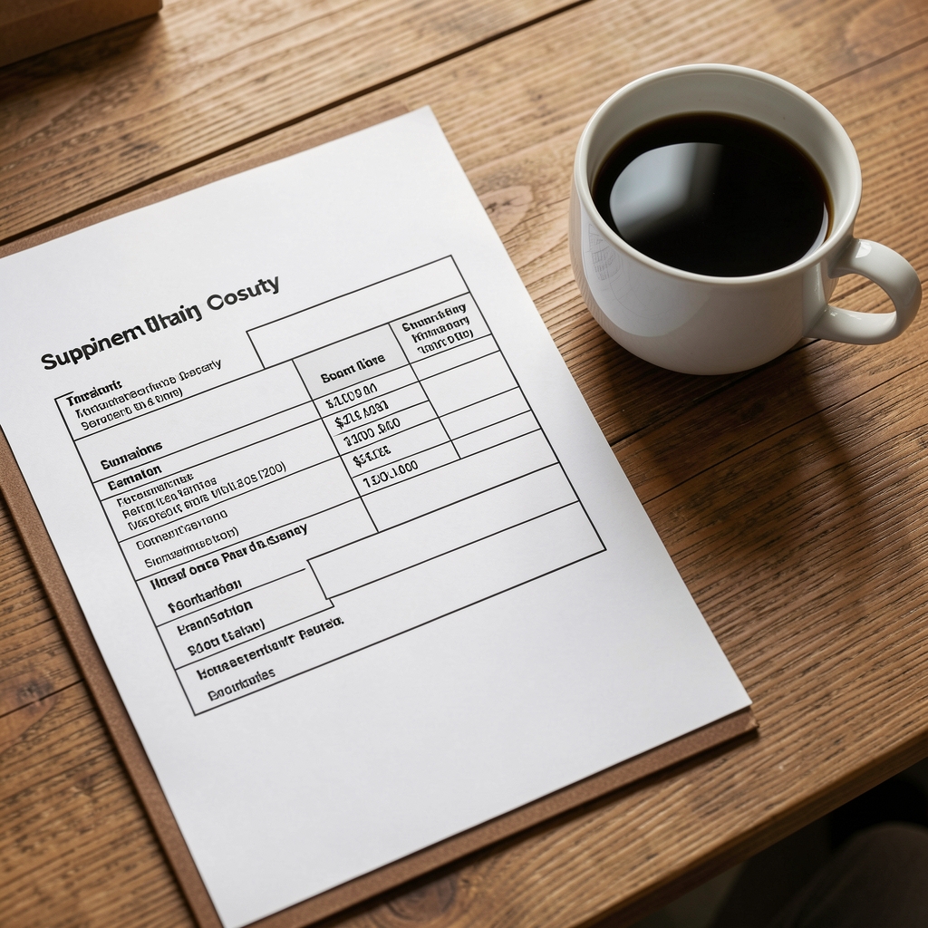 Printed traceability document with supplier chain of custody information on a wooden desk beside a cup of black coffee