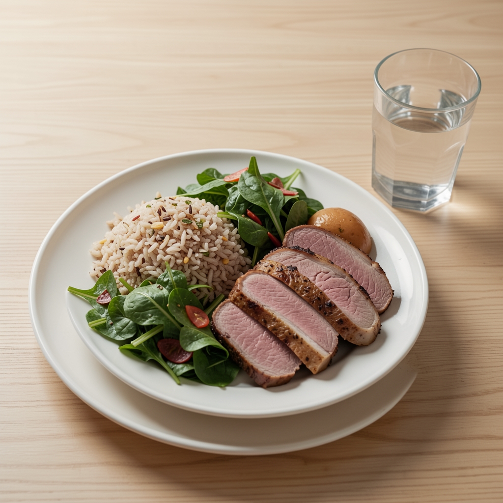 Balanced meal plate with whole grains, leafy greens, lean protein, and a glass of water on a clean wooden table