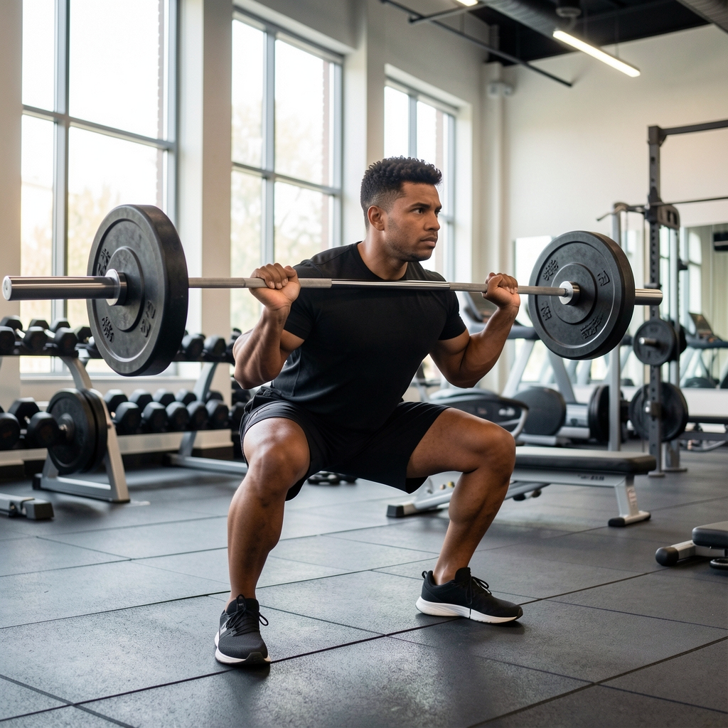 Man performing a barbell squat in a well-equipped gym with focused expression and natural light from high windows