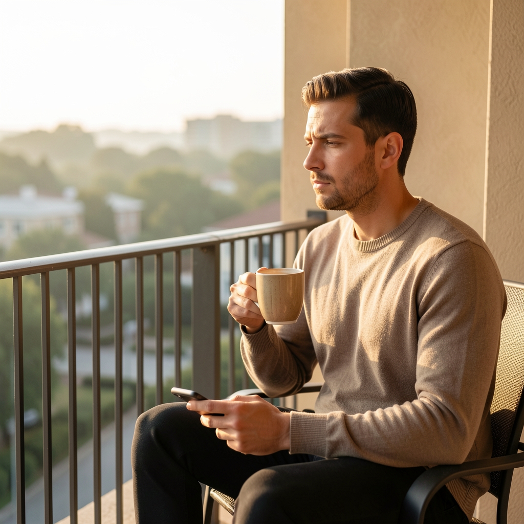 Man sitting quietly on a balcony with morning light, a cup of tea in hand and no phone — a stress management moment