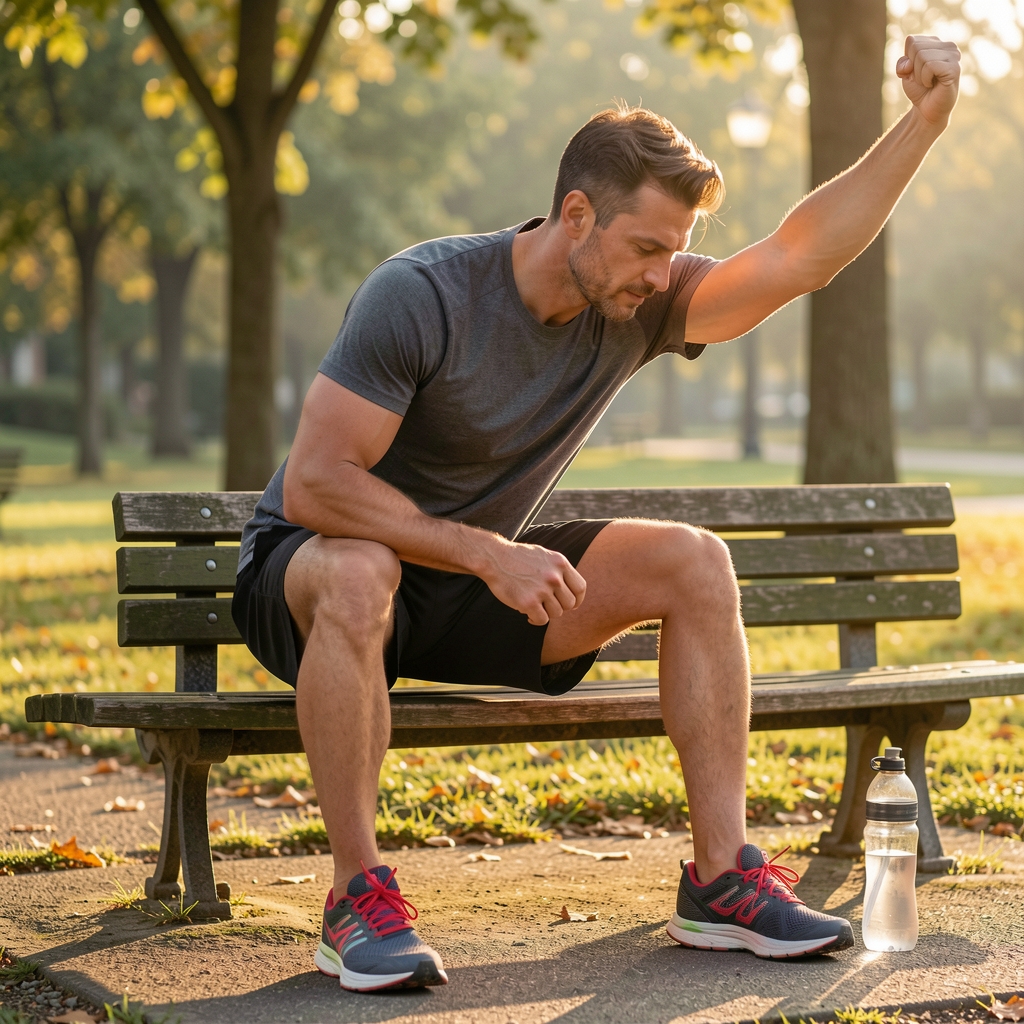 Man stretching on a park bench in early morning sunlight with running shoes and a water bottle beside him