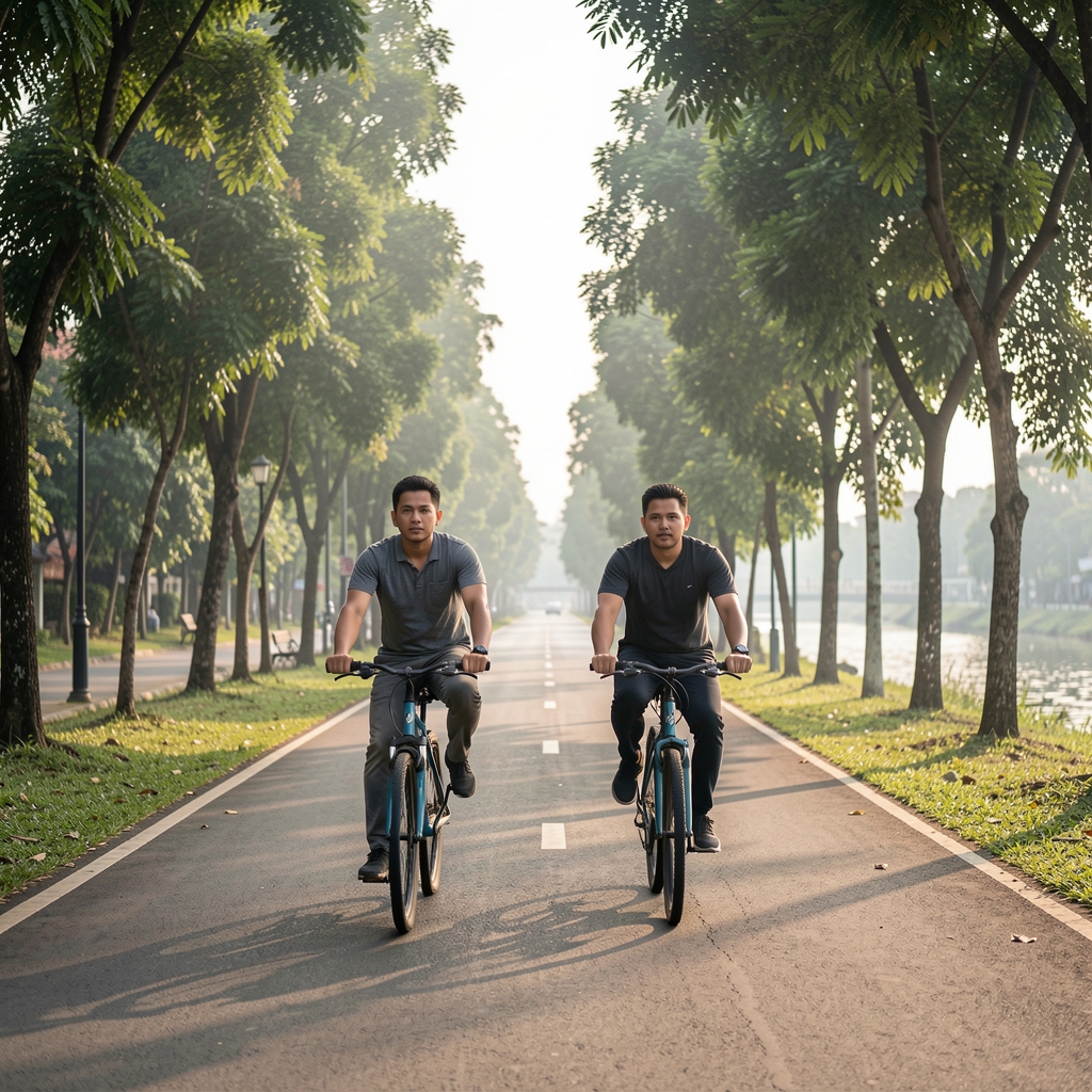 Two men cycling on a flat Jakarta river path in the morning with trees on both sides and no traffic