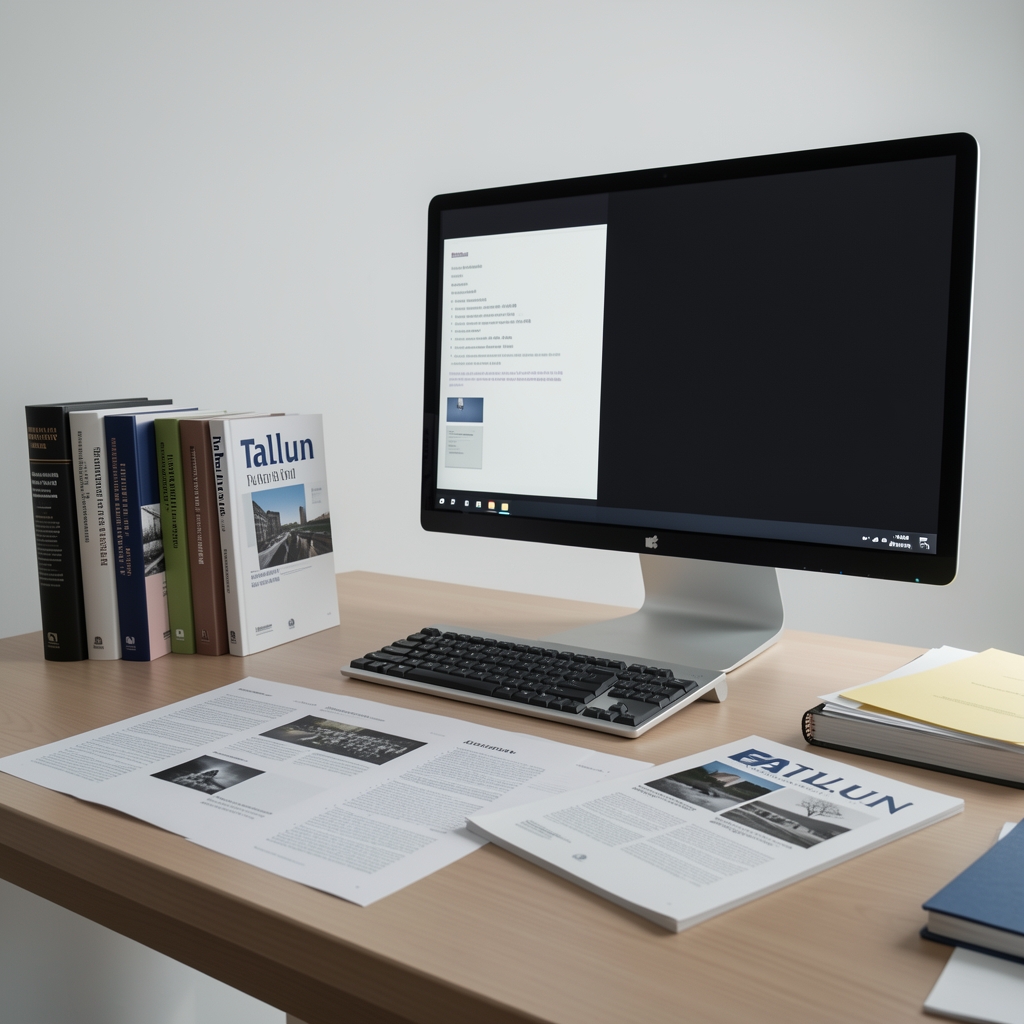 Talun editorial workspace with reference journals, printed research documents, and a wide monitor under clean studio lighting