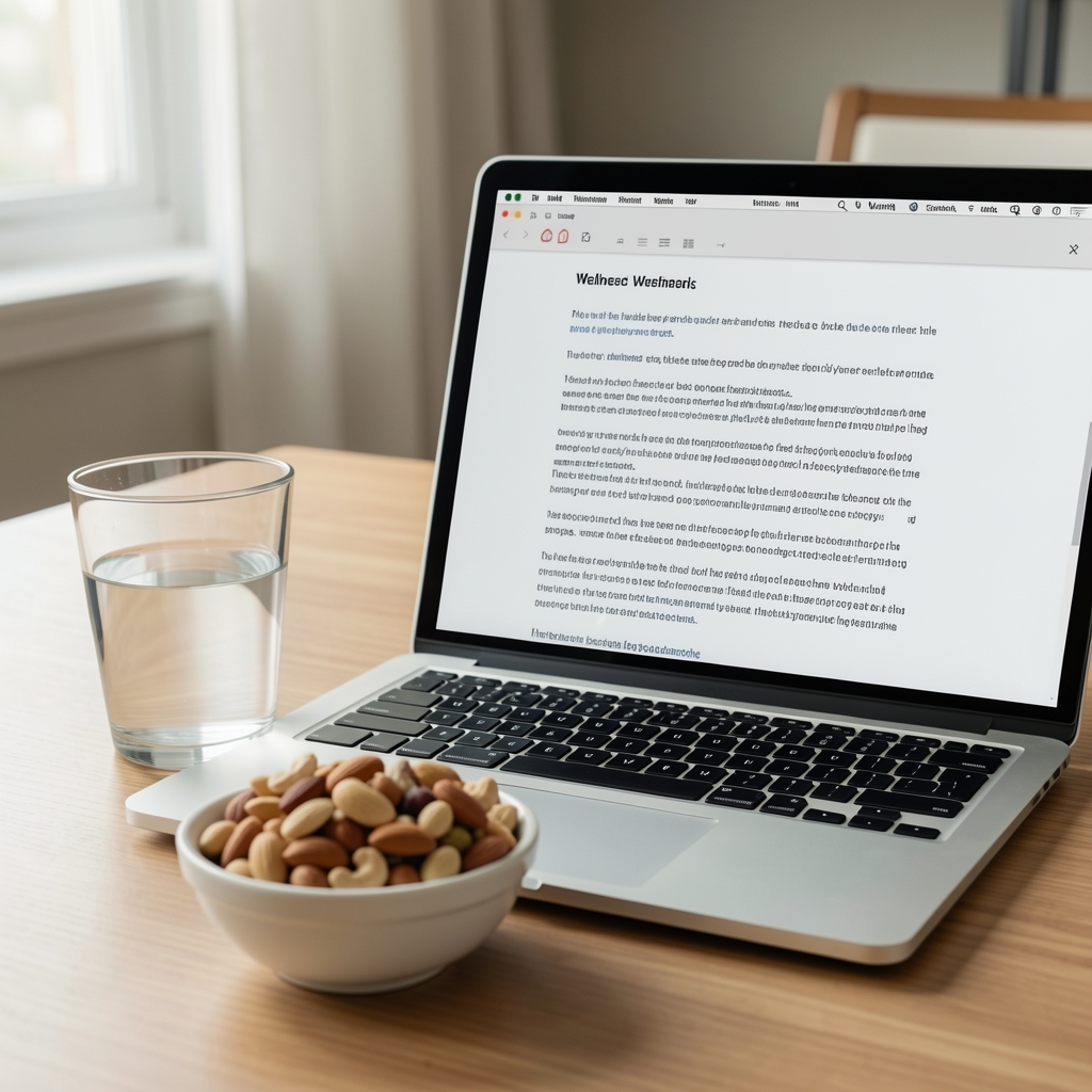 A glass of water and a small bowl of mixed nuts beside an open laptop displaying a wellness article draft